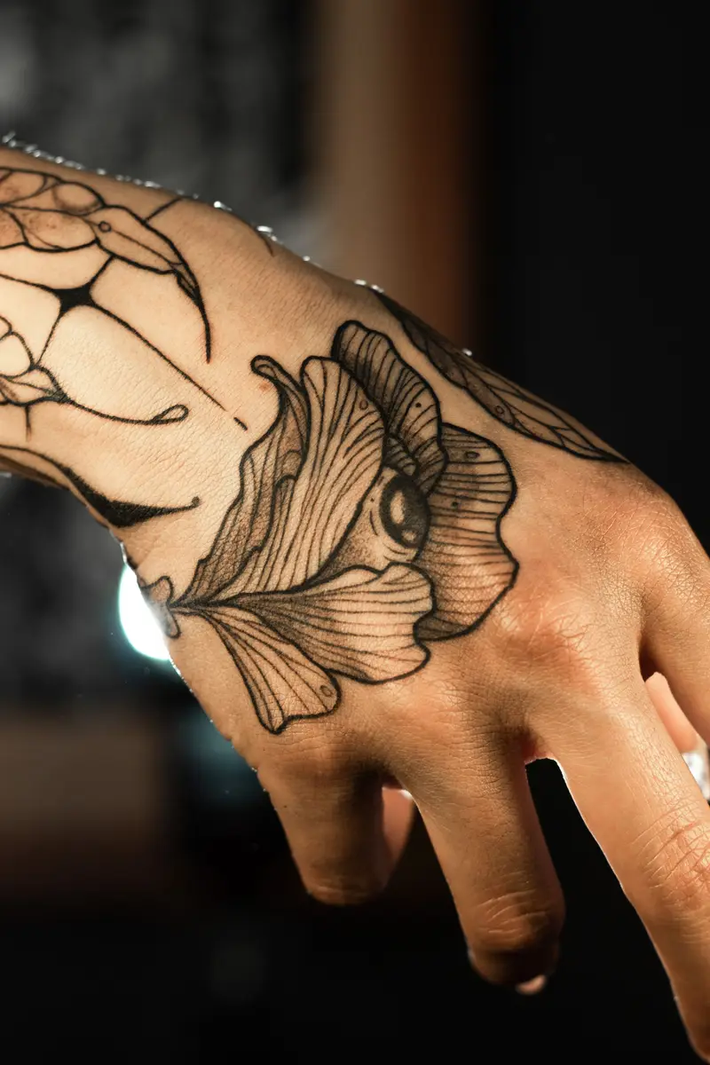 Linework poppy with an eye at its centre on the back of a hand